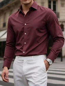 Manfinity Bizformal 男士長袖襯衫，翻領設計，酒紅色門襟細節，休閒日常穿著 - 酒紅色 - 查看 1