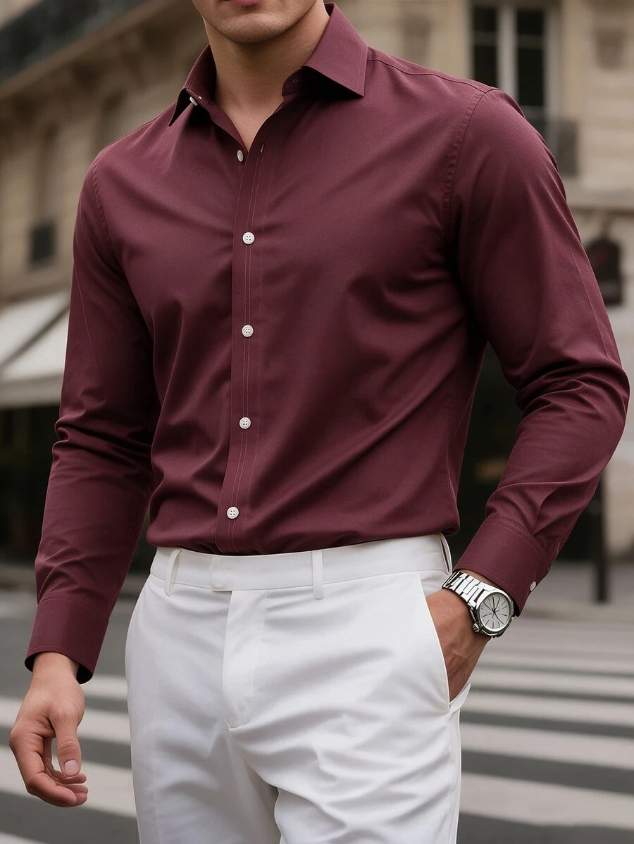Manfinity Bizformal 男士長袖襯衫,翻領設計,酒紅色門襟細節,休閒日常穿著 - 酒紅色 - 查看 1