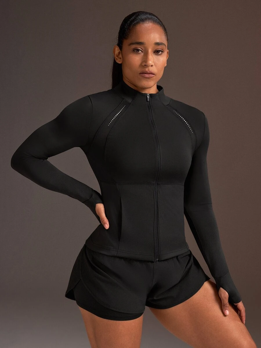 Powerista Women's Black Slim Fit Reflective Stripe & Graphic Print Sports Jacket - Black - View 1