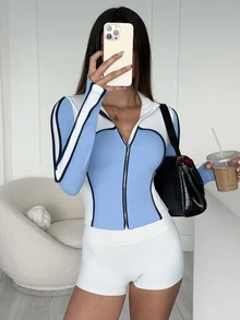 SHEIN Dewbera 1pc + Regular Jacket + Color Block Design/Basic Style/White & Blue + Sports Jacket + Fitness/Yoga - Multicolor - View 3