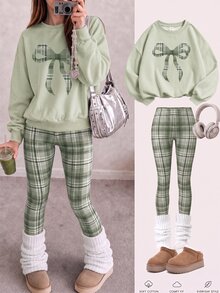 Tween女孩卡其色冬季家庭套裝舒適柔軟保暖格紋蝴蝶結印花長袖秋季童裝 - 白色 - 查看 7