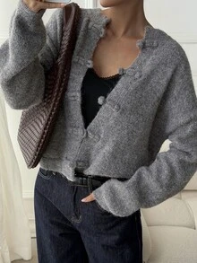 DAZY Women's Solid Color Drop Shoulder Long Sleeve Frog Button Front Knit Cardigan, Autumn/Winter - Grey - View 6