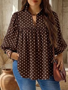 EMERY ROSE Plus Size Brown Polka Dot Pattern Stand Collar Shirt - Suitable For Office, Brunch, Formal Occasions, Vacation And Gatherings; Elegant Casual Bohemian Style For Autumn - Brown - View 3