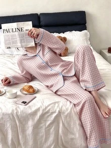 Napfluff Bubble Textured Plaid Collar Top & Pants Pajama Set Fall Winter Clothes - Multicolor - View 5
