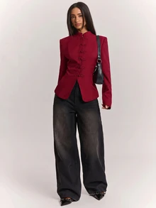 SHEIN BAE 時尚復古優雅立領盤扣西裝外套，修身長袖西裝夾克，適合上班、辦公室、晚餐聚會，夏季黑色 - 紅色 - 查看 4