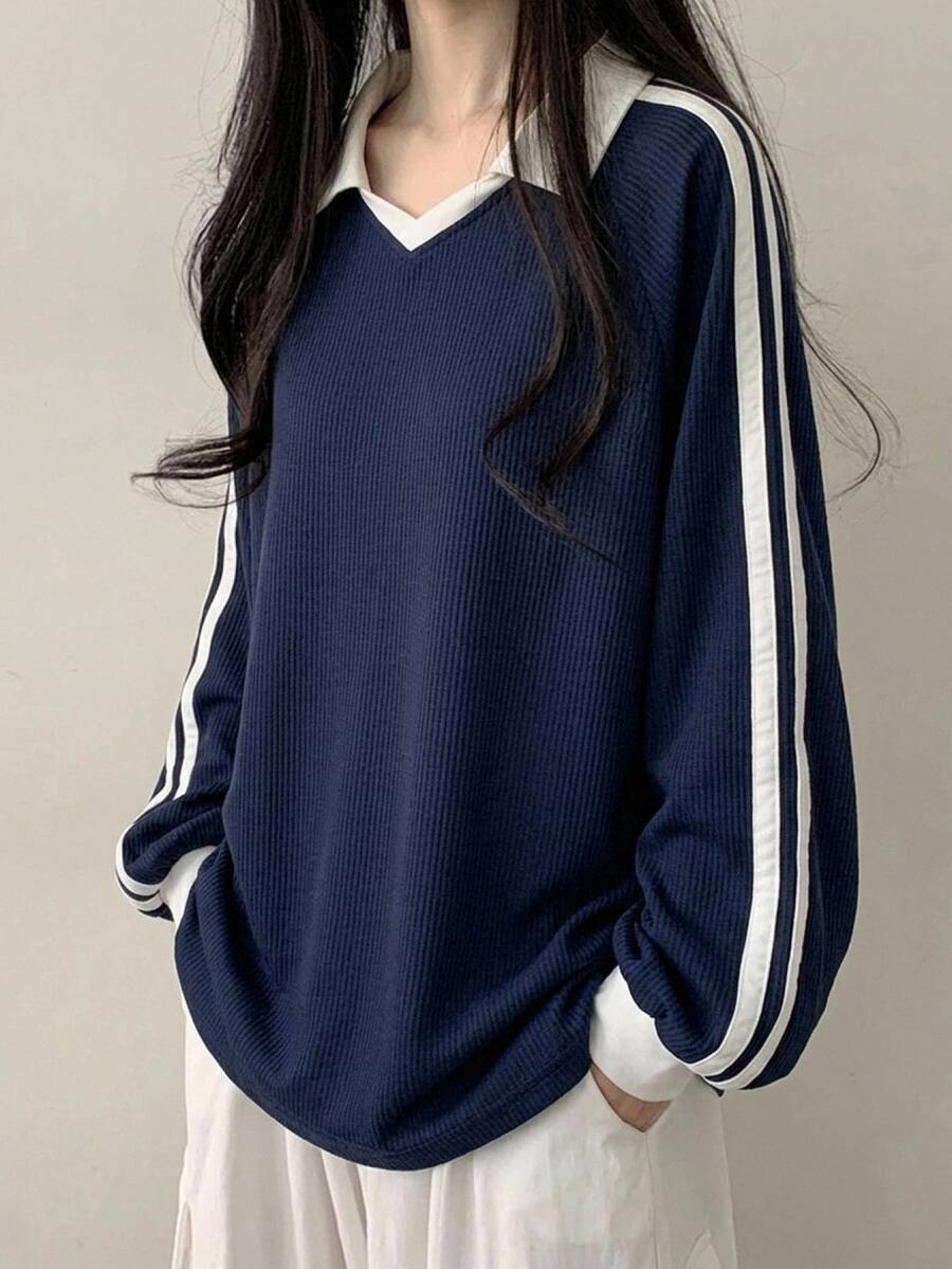 DAZY 女款拼色休閒百搭日常穿著長袖運動衫 - 藏蓝色 - 查看 1