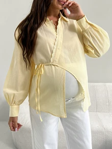 SHEIN قميص كاجوال متعدد الاستخدامات للارتداء اليومي بلون موحد للحوامل - أصفر - مشاهدة 4