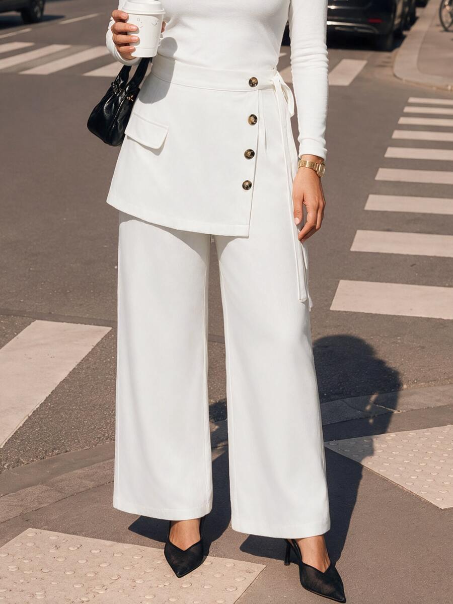 Juhart Plus Size Women Solid Color Button Design Side Waist Knot 2 In 1 Elegant Long Pants - White - View 1