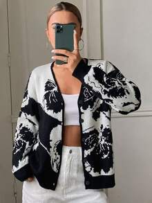 DAZY Women's Elegant Fashion Jacquard Long Sleeve Knit Cardigan - Black and White - View 7