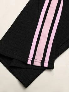 SHEIN Teen Girls Spring Autumn Brown Knitted Textured Fitted Ruched Crew Neck Pink Ribbon Trim Long Sleeve T-Shirt And Wide Leg Pants 2 Pieces Set, - Black - View 8