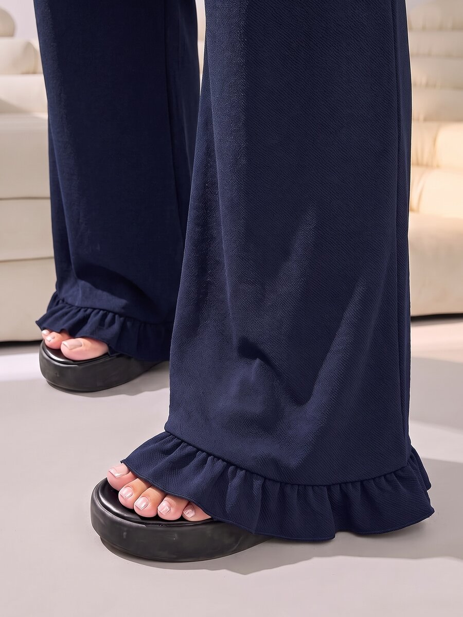 Solflare Plus Size Women Solid Color Casual Versatile Daily Wear Long Pants - Navy Blue - View 1