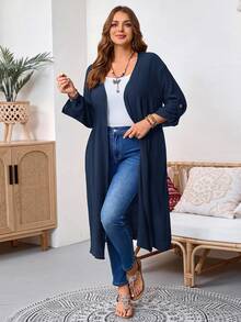 SHEIN Tall CURVE 大尺碼女款秋冬辦公晚餐外出長款開襟黑色大衣，商務休閒風 - 藏蓝色 - 查看 4