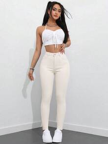 SHEIN ICON 大尺碼女款街頭休閒彈性舒適深藍色牛仔緊身牛仔褲 - 米色 - 查看 7