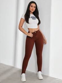 SHEIN ICON 大尺碼女款休閒舒適淺藍色彈性牛仔褲 - 棕色 - 查看 5