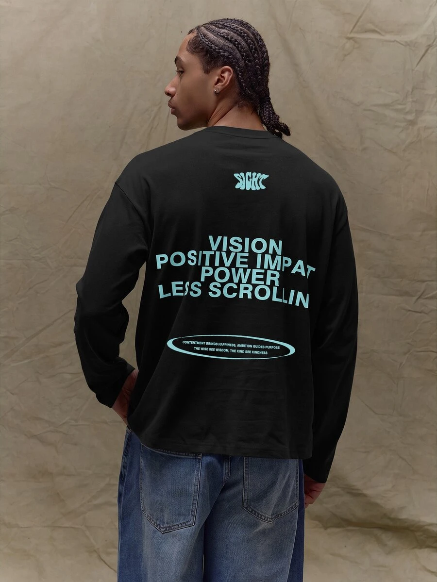 Musero Oversized Long Sleeve Crewneck Graphic T-Shirt Wardrobe Spring&Summer - Black - View 1