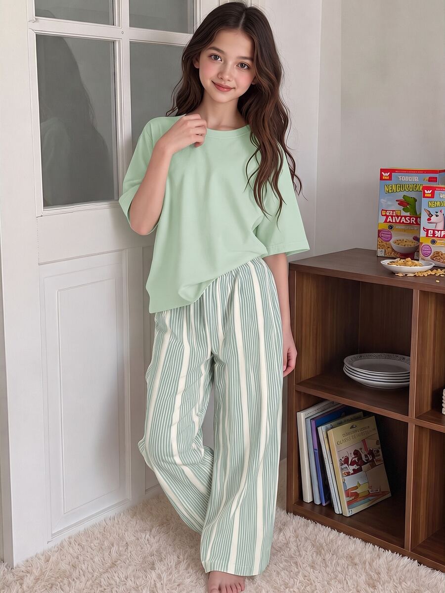 少女休閒甜美風簡約條紋圓領短袖長褲家居服套裝,適合日常居家穿著,舒適隨興,時尚女孩休閒穿搭 - 彩色 - 查看 1