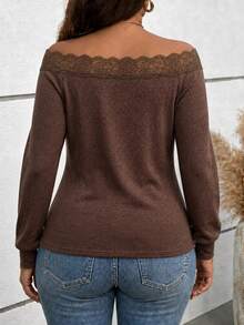 SHEIN LUNE CURVE Plus Size Contrast Color Lace Asymmetrical Shoulder Long Sleeve T-Shirt, Soft Elastic Knit Casual Asymmetrical Shoulder Top Fall - Brown - View 2