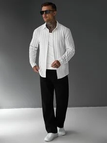 Manfinity Roughcore Men's Casual Black And White Striped Textured Shirt - Black and White - View 6