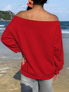 SHEIN EZwear 女款露肩寬鬆休閒長袖衛衣，街頭英文時尚圖案 - 紅色 - 查看 4