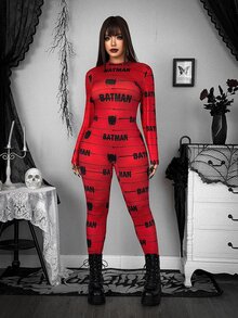 Whyspr BATMAN X SHEIN Plus Size Women's Letter Print Long Sleeve Casual Jumpsuit - Multicolor - View 5