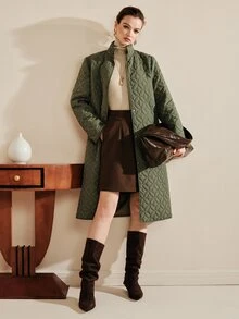 Arave Women's Coat Long Straight Quilted Geometric Ring Texture Stand Collar Button Placket Elegant Olive Green Geometric Fall Clothes For Women Christmas - Army Green - View 1