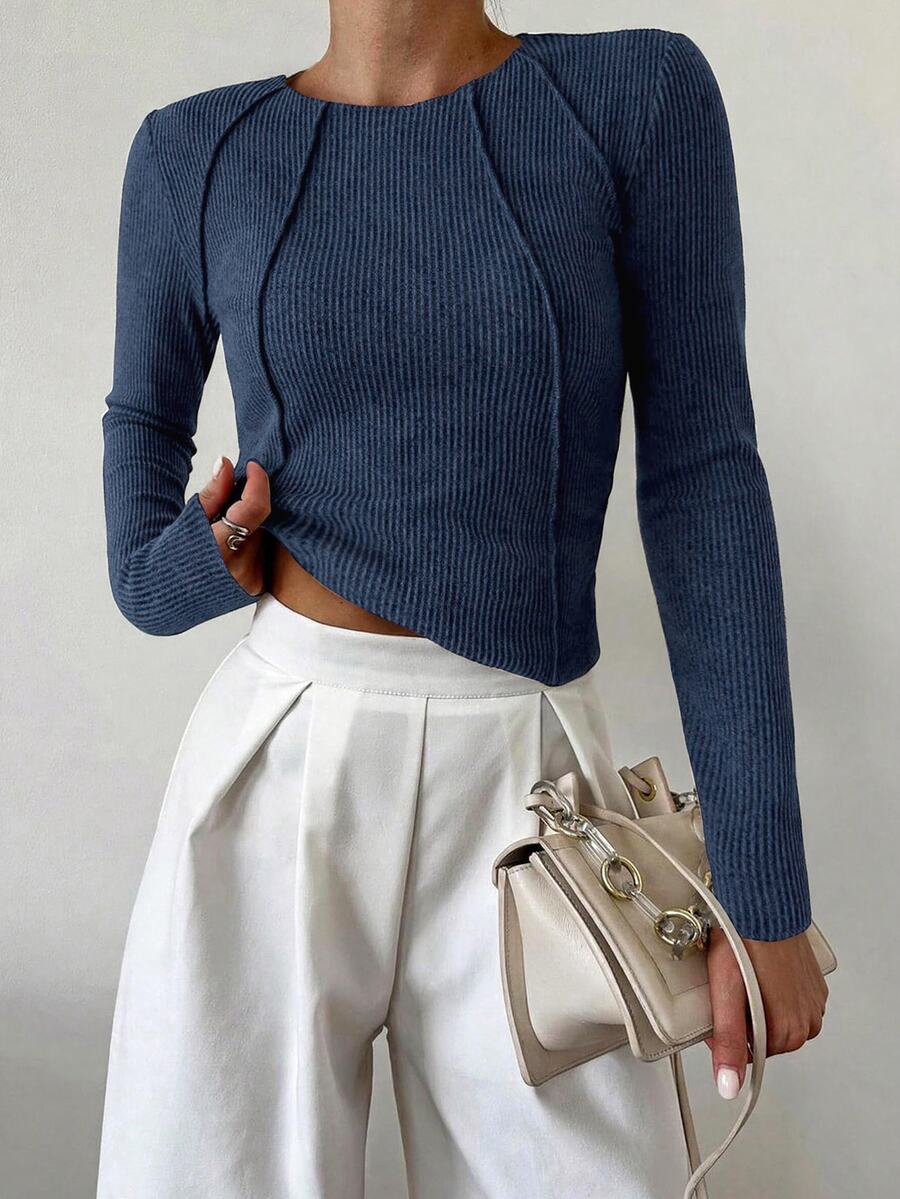 Aalyst Women Casual Ribbed Patchwork Solid Color Round Neck Long Sleeve T-Shirt, Autumn Fall Cloth For Women - Navy Blue - View 1