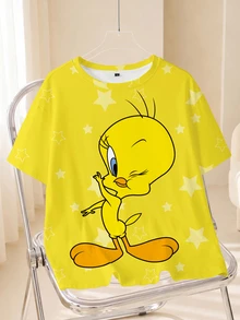 LOONEY TUNES X SHEIN 大尺碼女款卡通印花休閒日常短袖T恤 - 白色 - 查看 5