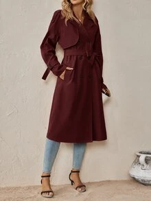SHEIN Clasi 黑色優雅落肩袖雙排扣綁帶風衣，適合秋季辦公與旅行 - 酒紅色 - 查看 7