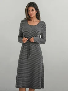 DAZY Women's Striped Button Design Long Sleeve Casual Loungewear Dress - Grey - View 11