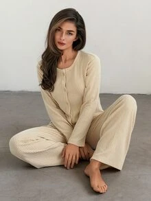 DAZY Women's Solid Color Long Sleeve Single-Breasted Top And Pants Pajama Set - Apricot - View 7