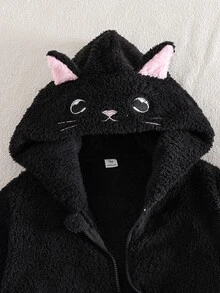 SHEIN Elladie kids 1件女童甜美風休閒外套，校園休閒穿搭，秋冬款3D貓咪刺繡連帽寬鬆抓絨夾克 - 黑色 - 查看 8