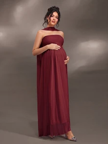 Cheriluna Maternity Elegant Ruffle Detail Solid Color Off-Shoulder Sleeveless Maternity Dress For Baby Shower, Christmas Party - Burgundy - View 4