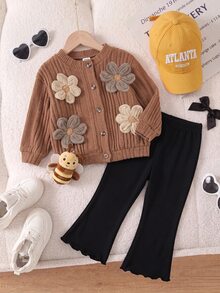 SHEIN Baby Girl 3D Floral Decor Long Sleeve Single-Breasted Jacket And Flare Pants Casual Set - Brown - View 4