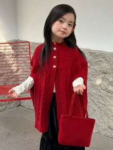 Dazy Kids (Tween Girl) 寬鬆粗繩編織可愛披肩式開襟毛衣，秋冬款 - 酒紅色 - 查看 3