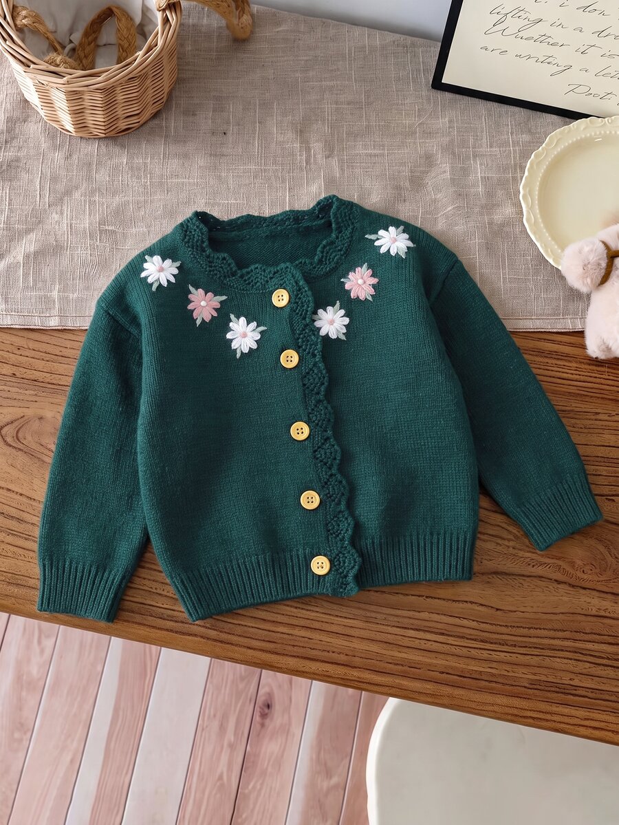 Souflis Souflis Baby Girls Floral Embroidered Knit Cardigan Sweater, Soft Cozy Button Front, Lace Trim, Sweet Vintage Style For Toddlers, Autumn Winter - Dark Green - View 1