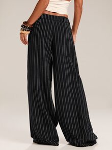 SHEIN Tall CURVE 大尺碼女款條紋口袋休閒日常長褲 秋季 - 黑色 - 查看 4