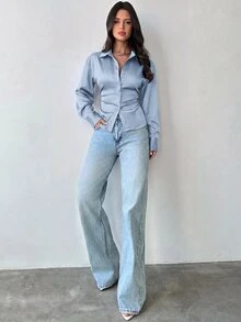 Firerie 女款長袖襯衫，後腰收腰設計，日常通勤與夜晚外出襯衫，度假襯衫，春夏秋冬四季穿著，優雅性感 - 藍色 - 查看 4