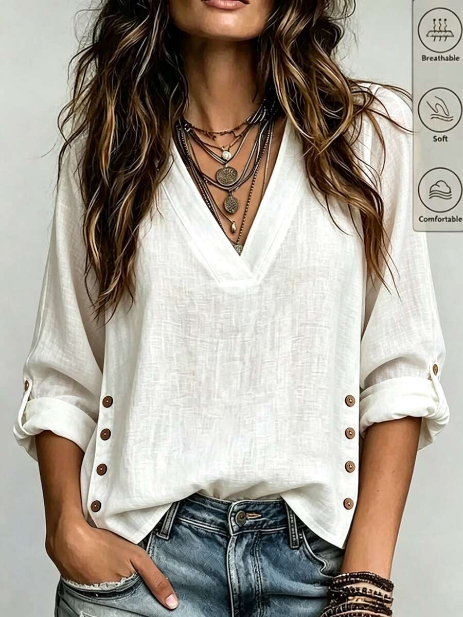 SHEIN LUNE Women's V-Neck Faux Linen Texture Blouse, Side Button Decor, Roll-Up Long Sleeve, Loose Casual Top - White - View 1
