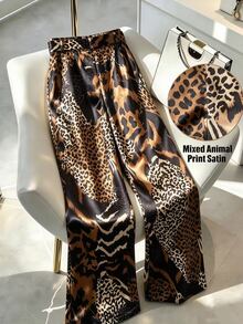 GlowEve CURVE Plus Size Leopard & Zebra Print High Waist Wide Leg Pants With Belt, Casual Loose Long Pants - Brown - View 2