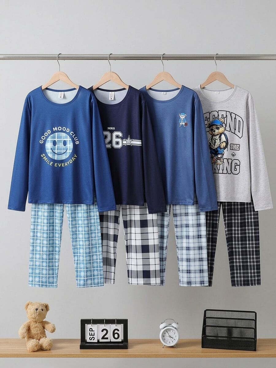 Teen Boys Grey Base TIGER Print Long Sleeve Top And Long Pants Casual 2 Pieces Loungewear Set - Navy Blue - View 1