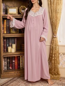 PalaceNights Royal Style Embroidered Lace Trim Long Loose Maternity Nightgown - Dusty Pink - View 4