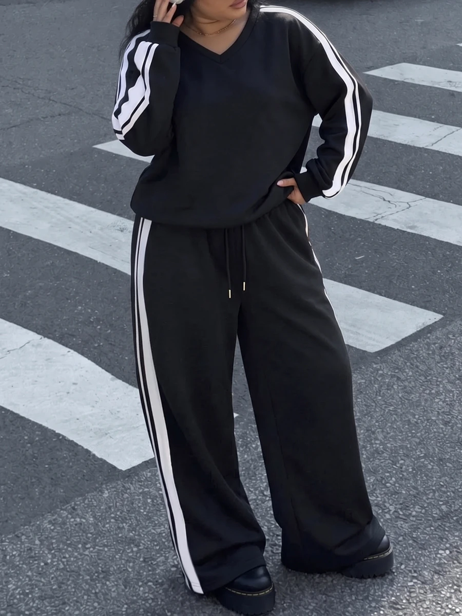 Muchica Plus Size Women's Colorblock Asymmetrical Shoulder Top And Pants Casual Daily 2 Pieces Set Winter - Black - View 1
