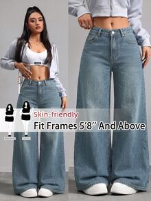 SHEIN Tall CURVE 大尺碼女款口袋寬腿鬆垮休閒百搭牛仔褲 - 中等水洗藍 - 查看 1