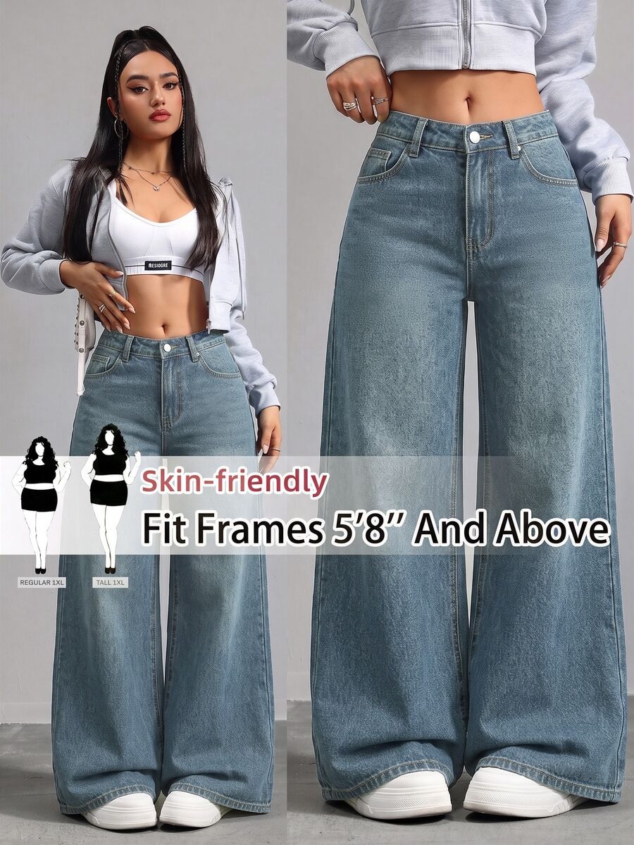 SHEIN Tall CURVE 大尺碼女款口袋寬腿鬆垮休閒百搭牛仔褲 - 中等水洗藍 - 查看 1