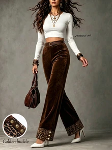 LUMIGAL Winter Women's Elegant Leopard Print Patchwork Button Trousers Business - Black - View 7
