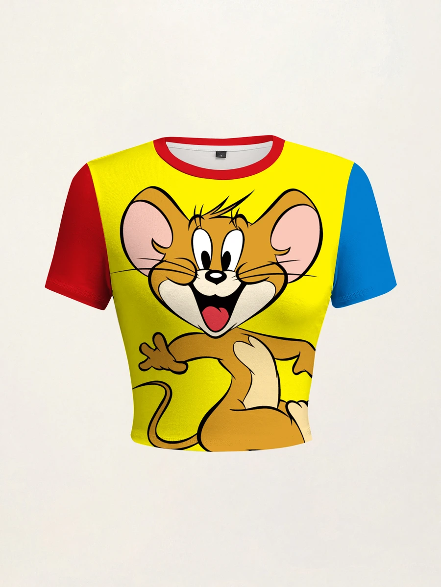 TOM & JERRY X SHEIN Women's Cartoon Print Short Sleeve Fitted T-Shirt - White - View 1