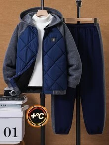 SHEIN Little Byeori Boys Colorblock Padded Casual Kids Sports Long Sleeve Set, Padded Winter Jacket + Fleece Sweatpants - Royal Blue - View 2