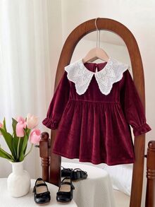 SHEIN Baby Girl Velvet Thick Long Sleeve Ruched Waist Lace Embroidered Peter Pan Collar Loose Long Dress Suitable For Winter Christmas - Burgundy - View 9