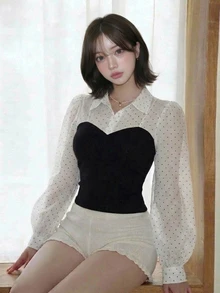 FRIFUL Women's Patchwork Polka Dot Print Long Sleeve 2 In 1 T-Shirt - Black - View 5