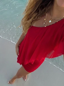 Aloruh 女款純色荷葉邊迷你吊帶洋裝 夏季穿搭 海灘度假 波希米亞熱帶風 白色夏日洋裝 - 紅色 - 查看 5